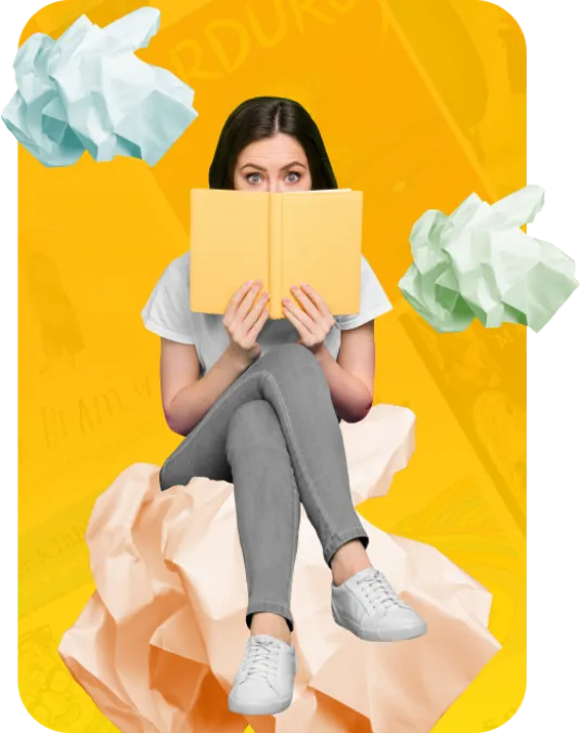 A girl sits on a fluffy cloud, engrossed in reading a book, surrounded by a serene sky.