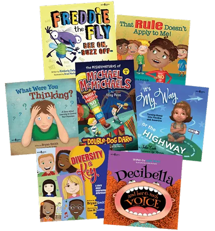 A collection of children's books displayed in a straight line on a shelf.