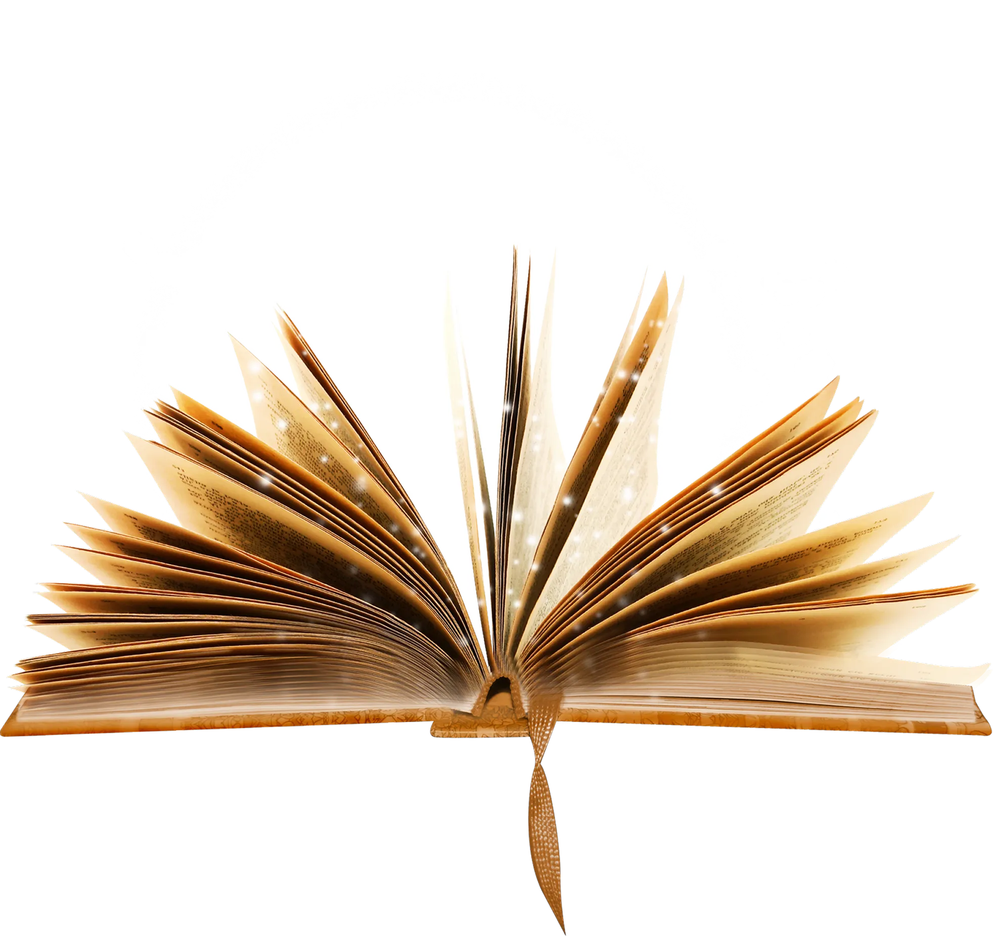 An open book with pages fluttering, set against a glowing moon in a night sky.