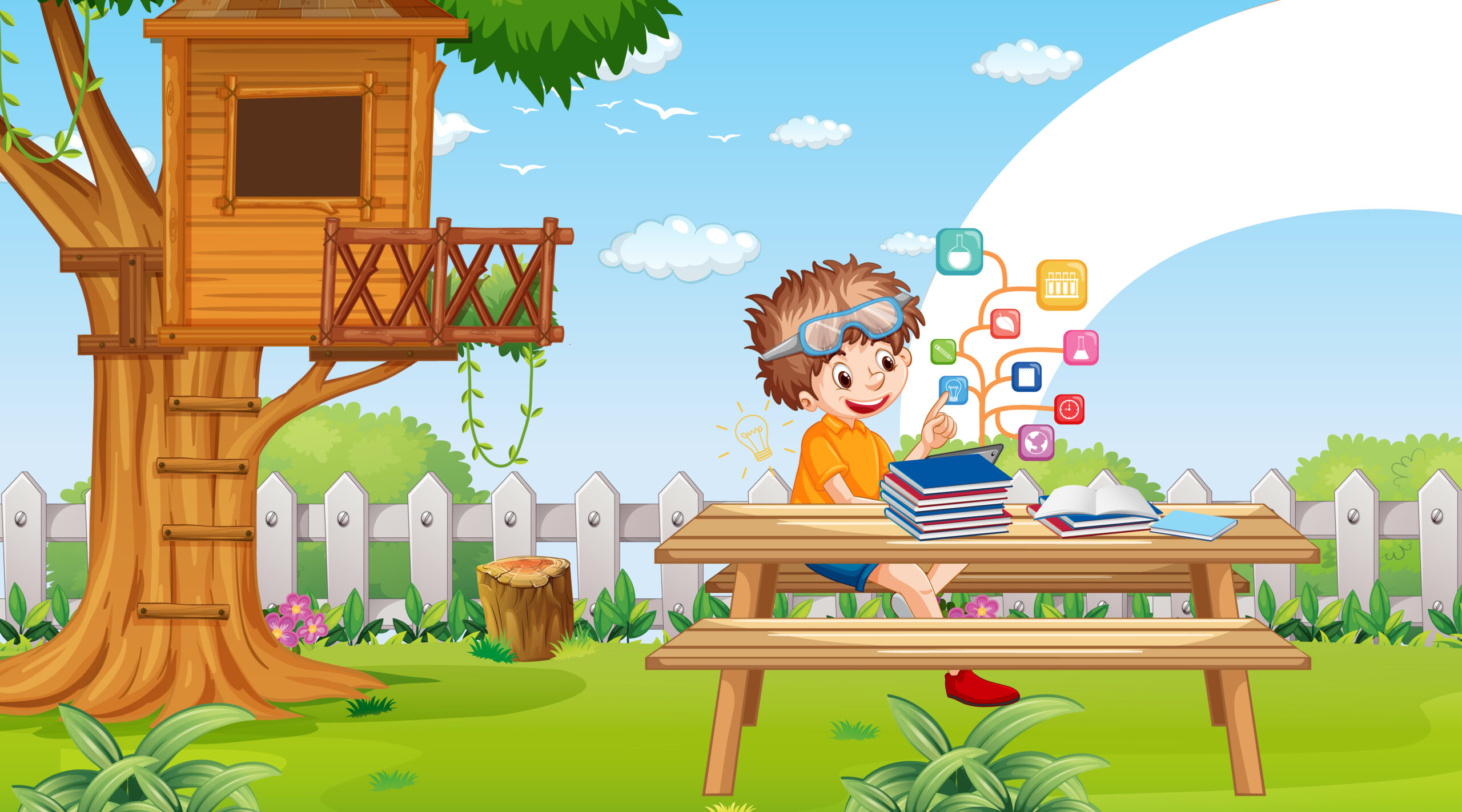 A boy sits at a table surrounded by books, with a treehouse visible in the background.