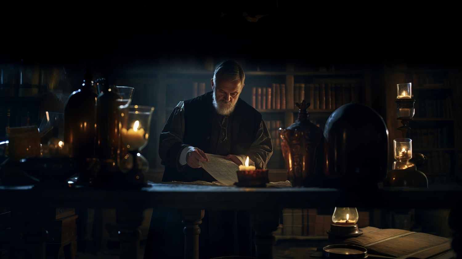 A man in a black robe is intently reading a book, surrounded by a serene atmosphere.